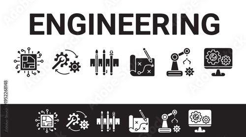 Engineering Icons Collection with Design, Robotics, and Development Symbols on White and Black Backgrounds