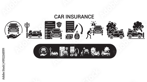 Car Insurance Icons Set Illustrating Accidents, Protection, and Policy Coverage