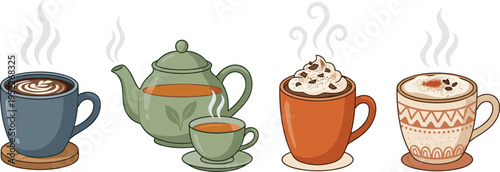 Hot Coffee and Tea Drinks Illustration Set with Cappuccino, Teapot, Green Tea, Hot Chocolate, and Latte Cups for Cafe Menu, Beverage Design