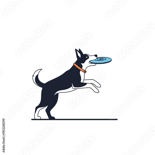 Dog playing frisbee, jumping to catch disc outdoors, active pet illustration