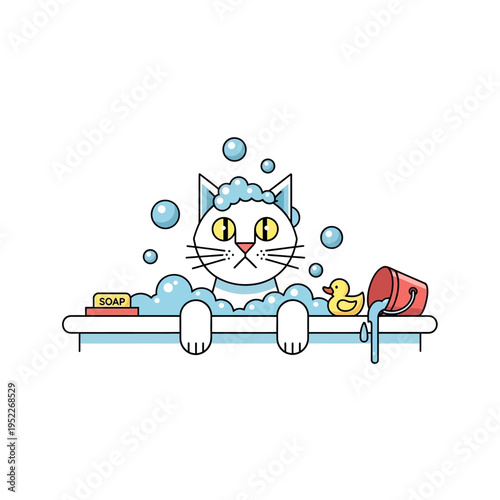 Funny white cat taking a bubble bath with rubber duck and soap