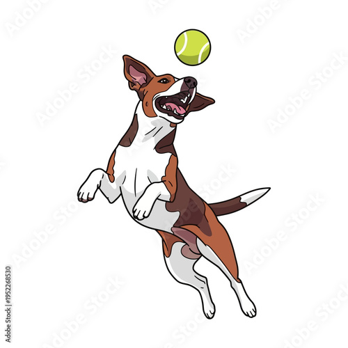 Energetic dog jumping to catch tennis ball, playful pet, cartoon illustration