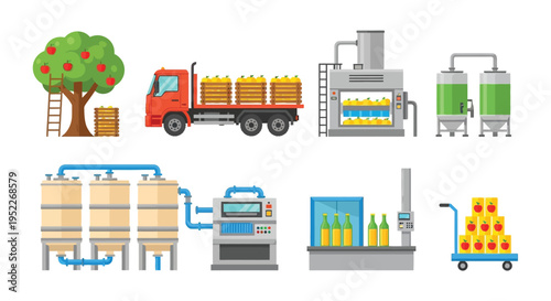 Apple harvest processing and juice production industrial illustration