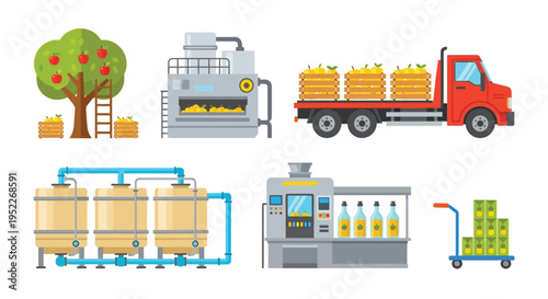 Apple processing factory illustration with machinery and transportation elements