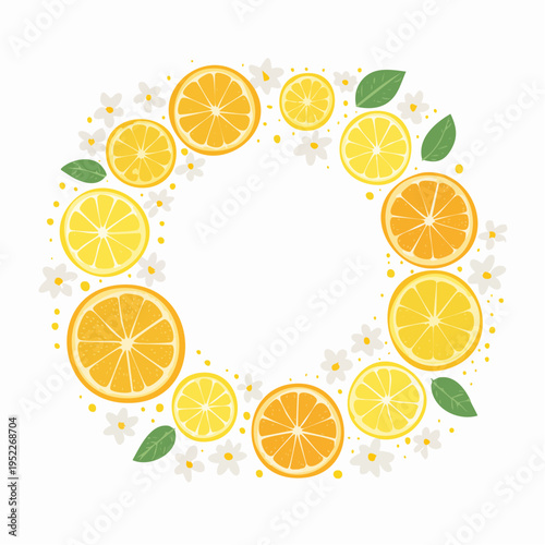 レモンとオレンジの輪切りと白い小花の円形フレーム