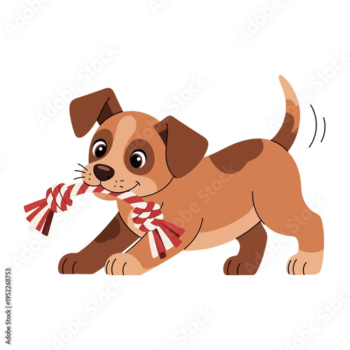 Happy puppy playing with a rope toy, cartoon illustration