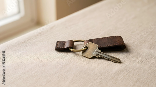 Photorealistic House Key and Keychain on Neutral Surface with Copy Space
