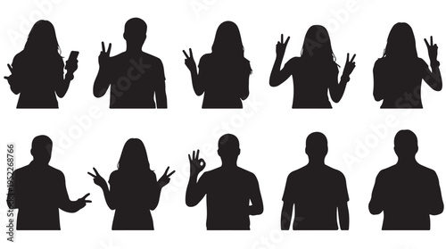 People Silhouettes Making Hand Gestures Isolated on White Background Vector Art