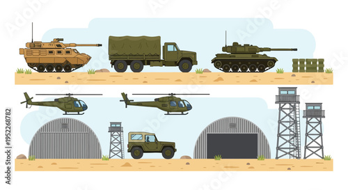 Military vehicles and aircraft stationed near fortified structures