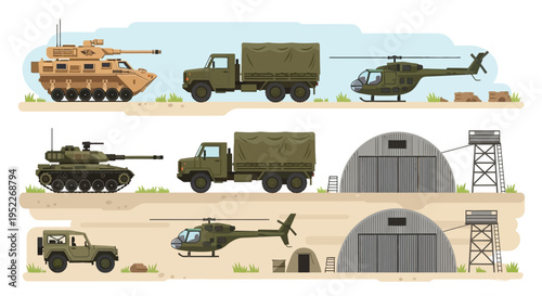 Military vehicles and structures depicted in a cartoon style illustration