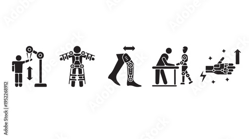 Robotics Exoskeleton Prosthetics Rehabilitation Therapy Icons Set