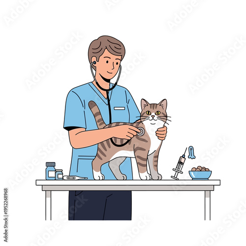Veterinarian Examining Cat With Stethoscope, Pet Care Concept