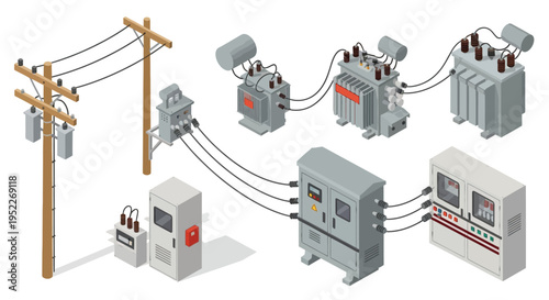 Isometric illustration depicting electrical power distribution infrastructure and components