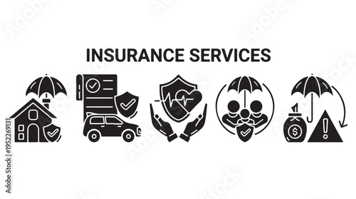 Insurance Services Black and White Vector Icons Set Isolated
