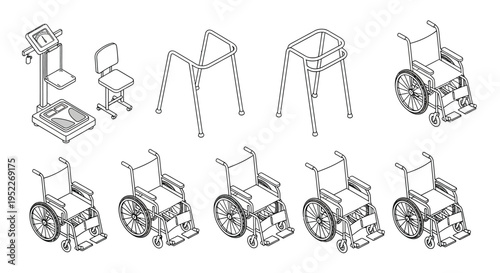 Line drawing of various mobility aids including walkers and wheelchairs