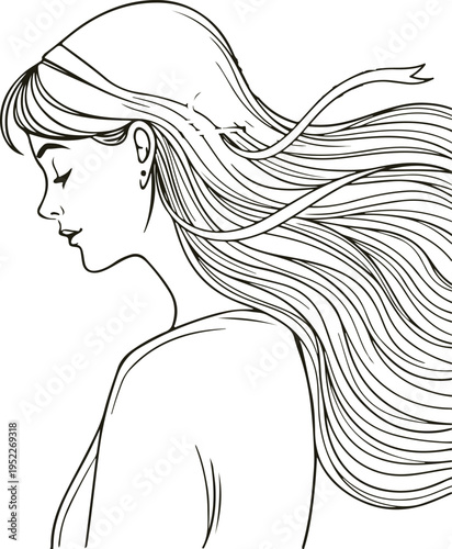 vector illustration of a beautiful woman with long flowing hair in a stylish line art portrait
