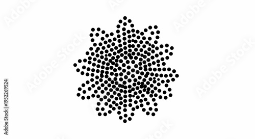 A visually striking floral pattern formed by a multitude of small black dots arranged in a circular, star-like flower bloom