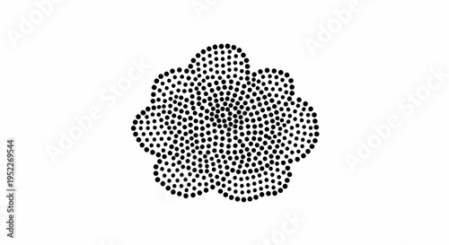 A delicate floral illustration composed of numerous small dots, forming a stylized flower shape in black and white