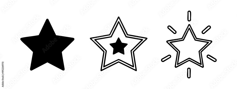 Fototapeta premium Three star icons in various styles, black and white vector set for design projects.