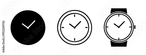 Minimalist watch and clock icon set for timekeeping, isolated on white background.