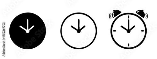 Alarm clock and timer icon set with down arrow symbol, isolated on white background.