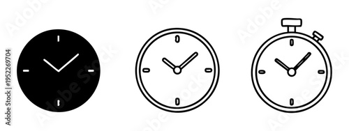 Simple clock and stopwatch icon set for timing and duration, isolated on white background.