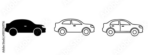 Set of three car icons in silhouette and outline styles, side view vector illustration.