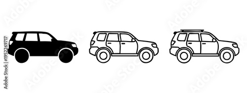 Collection of three SUV car icons in different styles, side view vector illustration.