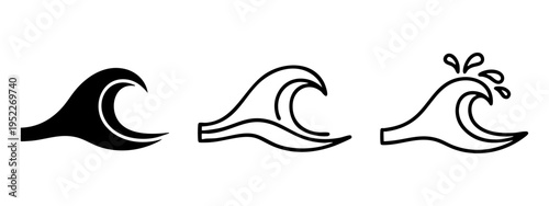 Set of three wave icons, ocean or sea symbol in different styles, vector illustration.