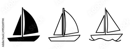 Three sailboat icons in silhouette and outline styles, marine travel vector illustration.