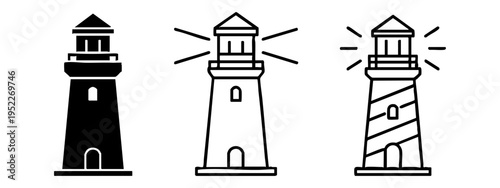 Three lighthouse icons in different styles, navigation and coastal vector illustration.