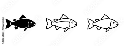 Set of three fish icons in various styles, marine animal vector illustration.