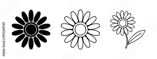 Charming Daisy Flower Icons Set. Outline and Solid Black Chamomile Symbols with Stems on White Background.