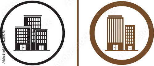Two circular building icons separated by a brown line. The left shows a cluster of black skyscrapers; the right features a brown silhouette of a taller tower next to a smaller office block.