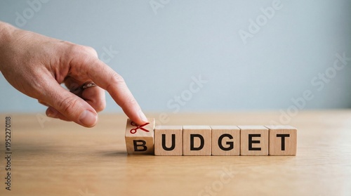 A hand touches a wooden block with a scissor icon next to the word budget representing financial cuts cost reduction economic planning and fiscal management in a clear professional business setting