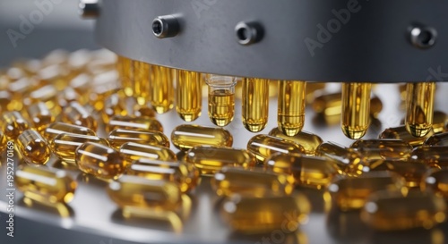 Golden Liquid Gel Capsules Moving Through Automated Pharmaceutical Production Line for Health Supplement Manufacturing