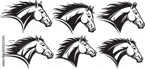 Set of Majestic Horse Head Silhouettes in Motion