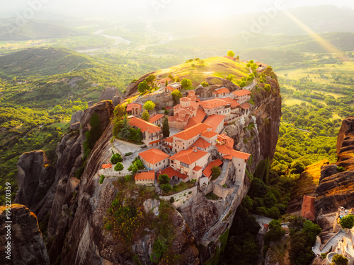 Tableau sur toile The monastery Meteora, aerial rocky monasteries complex in Greece near Kalabaka city