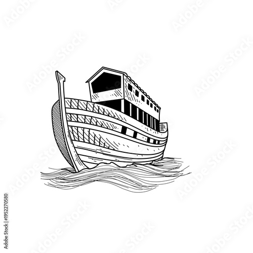 hand drawn Noah ark on sea waves line art vector illustration