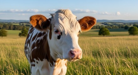 A brown and white cow standing in a green field on a sunny day