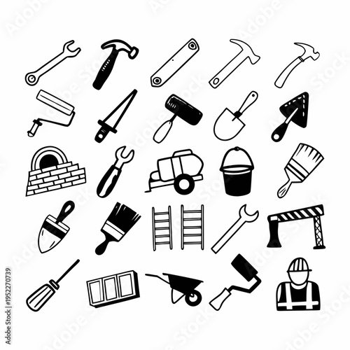 25 Construction and repair Tools Thin Line Icons Set — Wrench, Hammer, Shovel, Ladder, Builder, Worksite Vector Collection
