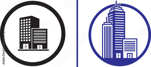 Two circular building icons separated by a blue line. The left shows a black office building duo; the right features a blue silhouette of three skyscrapers with antennae and window details.