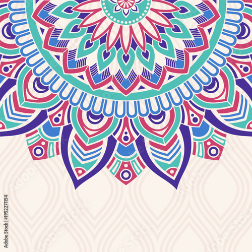 Invitation graphic card with mandala. Vintage decorative elements. Applicable for covers, posters, flyers, cards. Arabic, islam, indian, turkish, chinese, ottoman motifs. Color vector illustration.