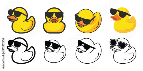 Duck vector icon logo with rubber duck character wearing sunglasses, cartoon bird illustration, cute farm animal doodle style symbol for branding, mascot design, and playful graphic projects