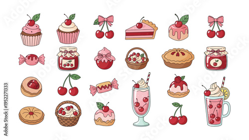 Sweet cherry dessert vector set with cake pie jam and milkshake
