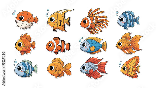 Collection of detailed cartoon tropical fishes including clownfish and angelfish