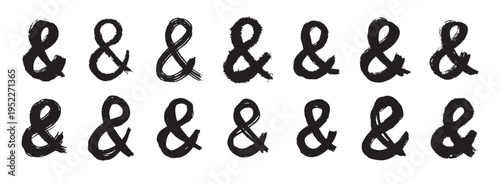 Ampersand bold letter mark ink brush grunge style set. Ampersand punctuation mark for lettering, social media, logo. Hand drawn icons isolated on white background