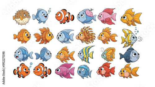 Set of cute cartoon colorful tropical fishes and sea animals
