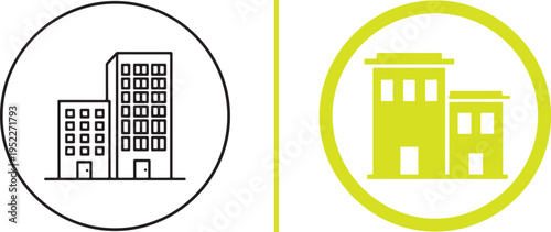 Two circular building icons separated by a vertical line. The left shows black outline skyscrapers, while the right features a solid lime-green silhouette of a school or office complex.