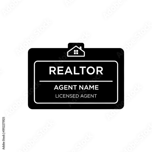 A black realtor sign with white text displaying agent information and a house silhouette